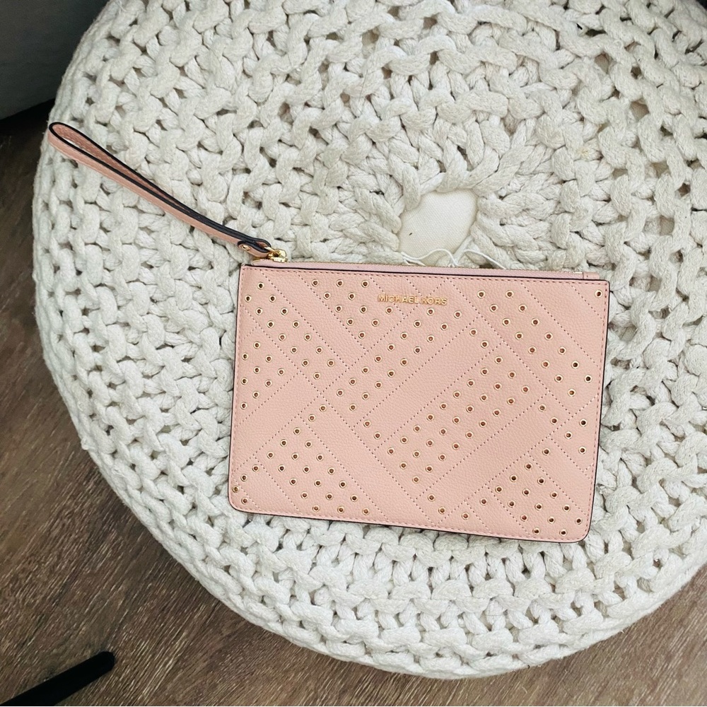 Michael KorsPink/Nude and Gold Embellished Clutch Bag With Wrist Strap